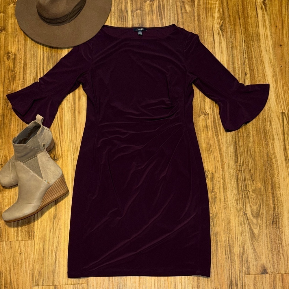 Ralph Lauren Chaps womens large 12 14 dress Purple 3/4 bell knee ruching ladies